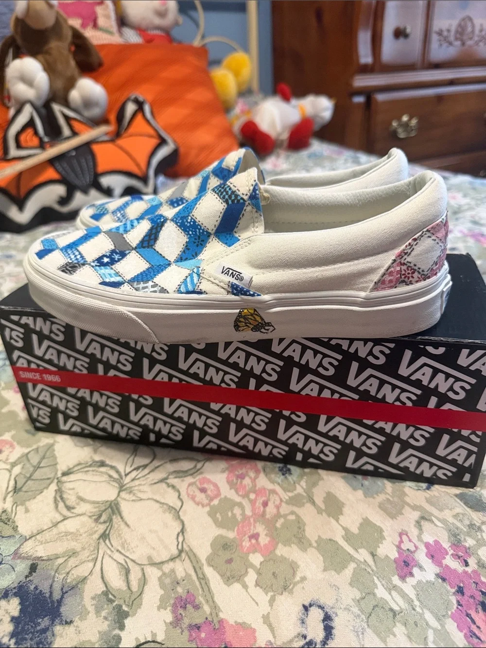 Vans “Off the Wall” Slip-On Quilted Checkerboard Blue & White Canvas Sneakers
